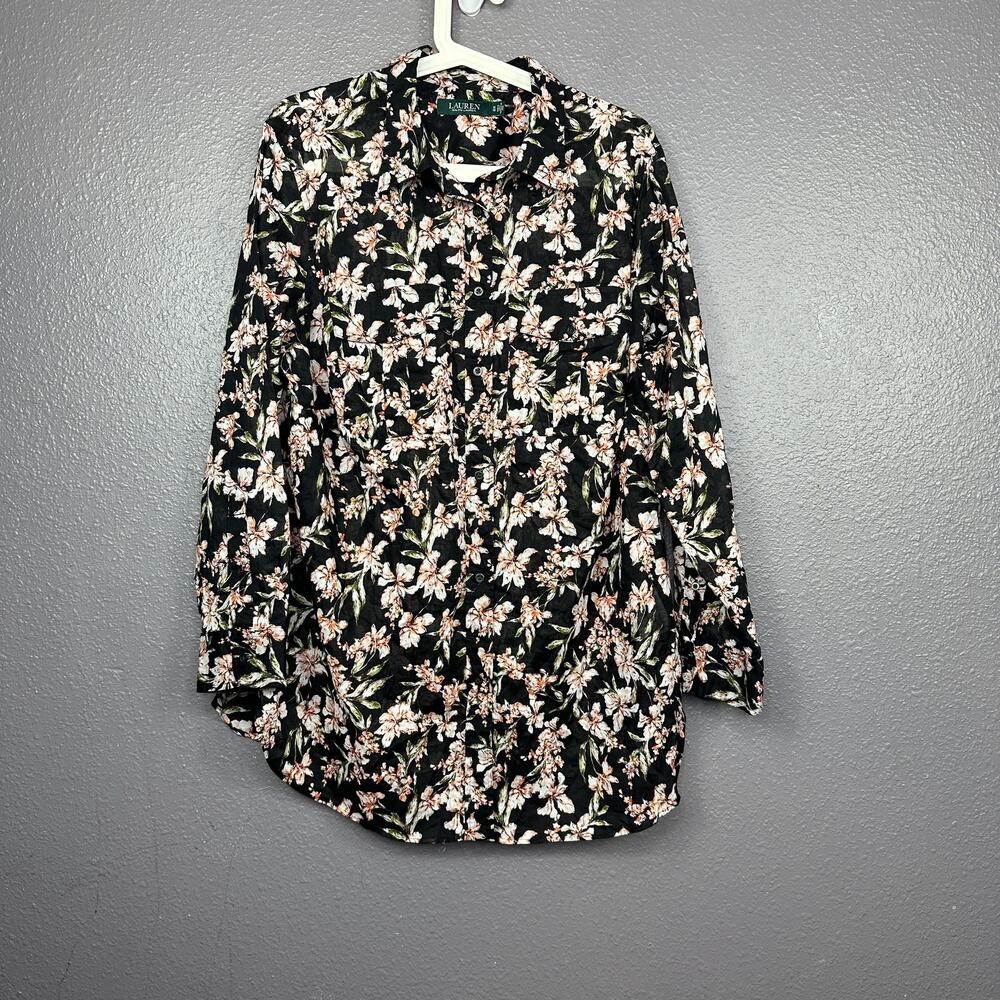 Lauren Ralph Lauren Women's 1X Button Up Black Floral Lightweight Top